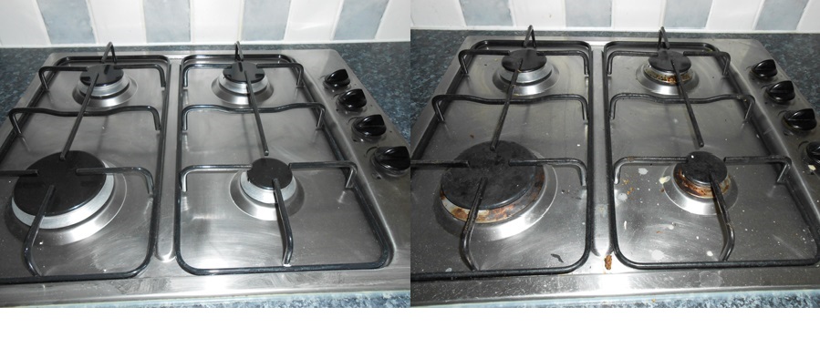 Clean and dirty gas hob. Is this wear and tear or should some deposit be kept